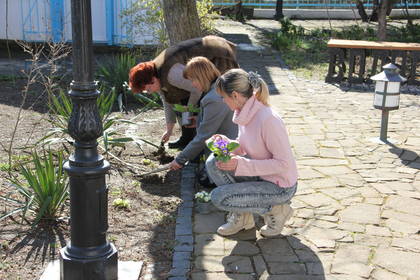 Сотрудники Дома Поэта высаживают цветы 