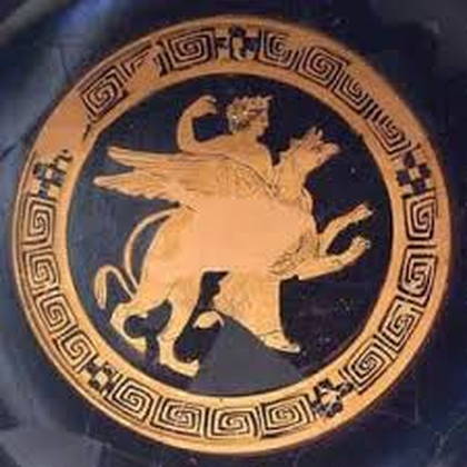 Древнегреческое изображение бога Солнца Аполлона верхом на грифоне (крылатом льве с орлиной головой). Краснофигурный килик